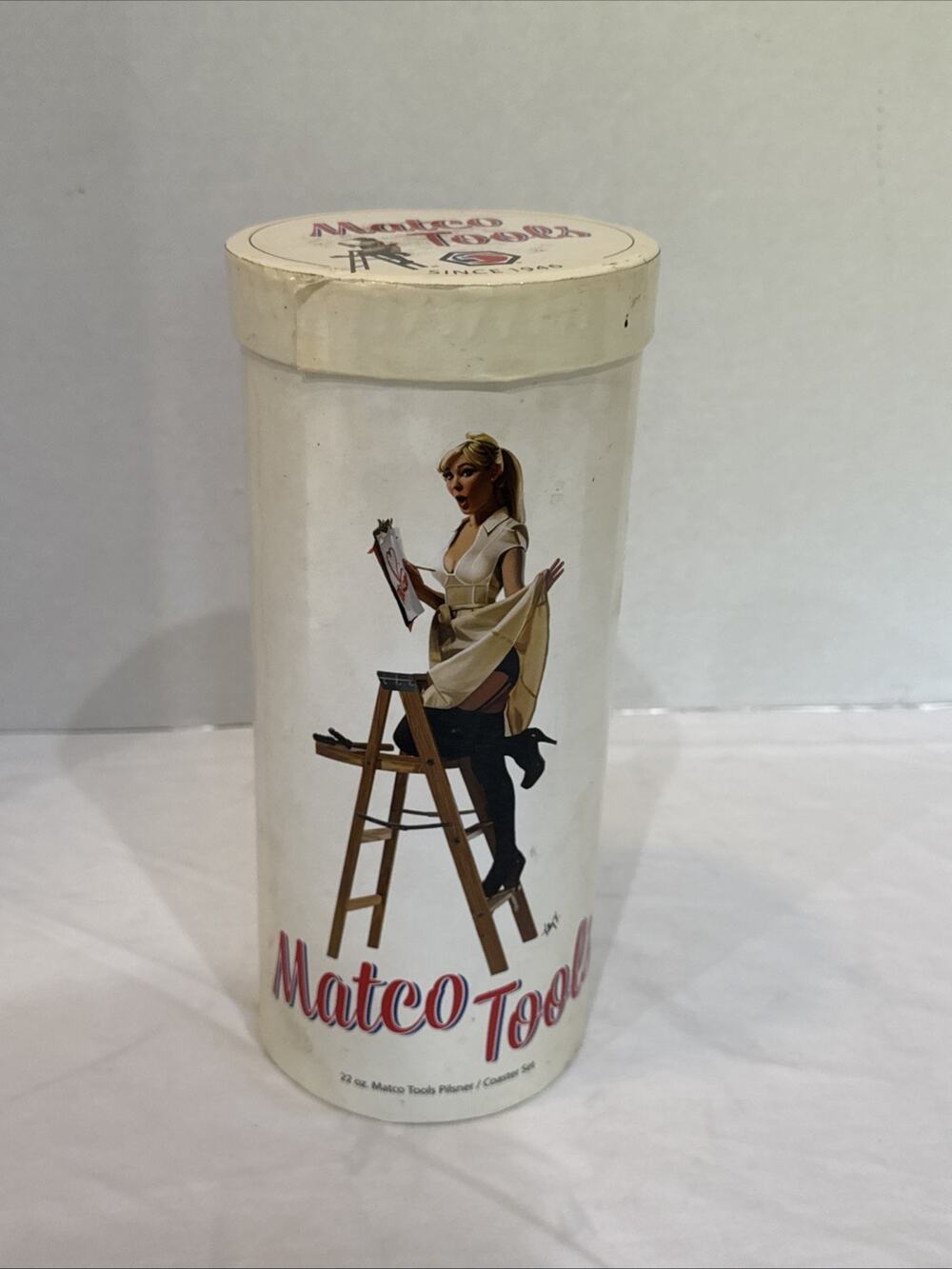 Matco Tools Classic Sexy Ladies 22oz Hand Blown Pilsner Glass w/Two Tin Coasters